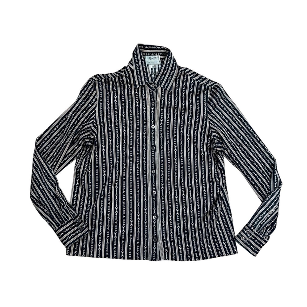 Celine Paris Vintage Striped Chain Link Button Down Shirt Black Cotton 46 luxury